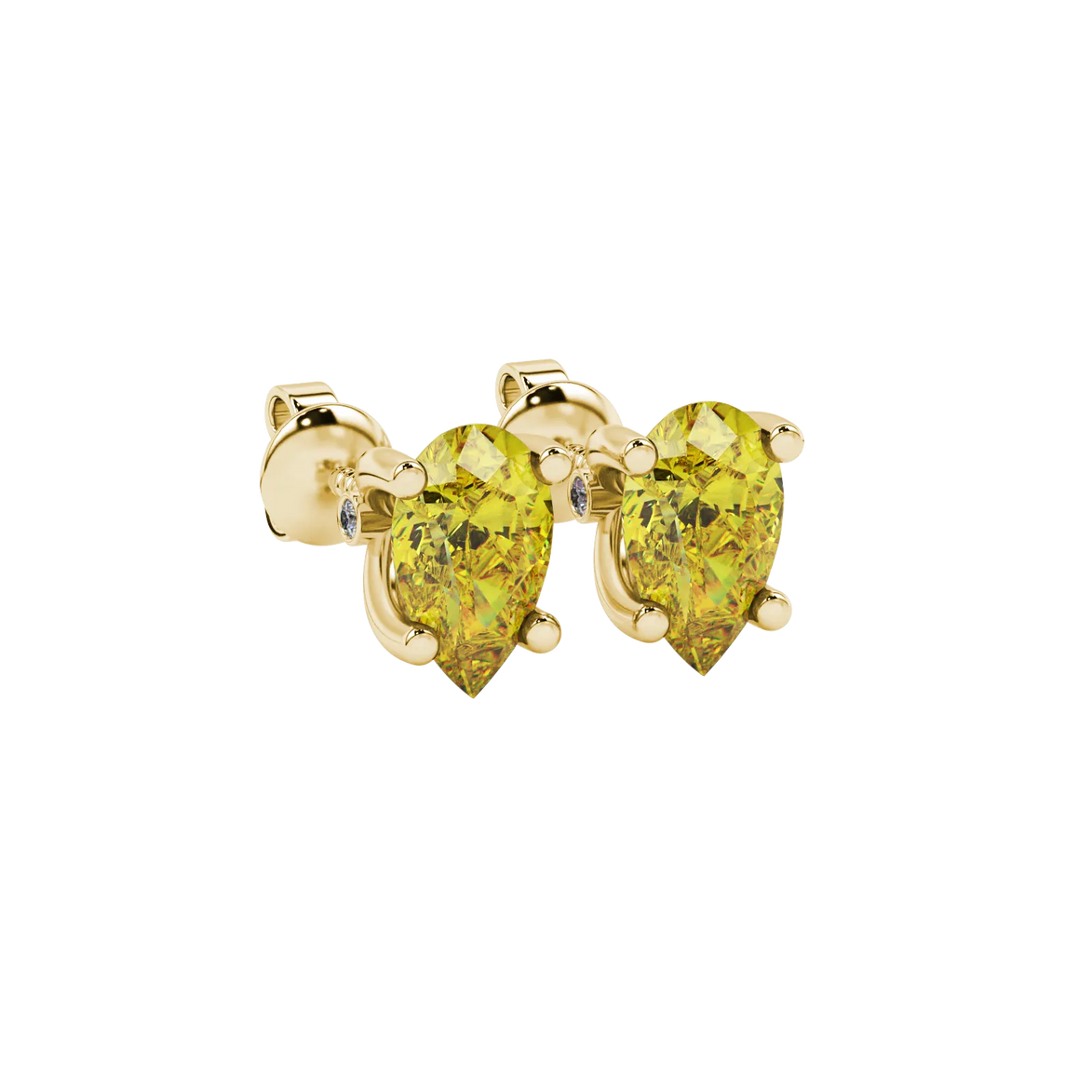 Close-up, pear shape canary yellow gemstone, yellow gold surprise diamond earrings.