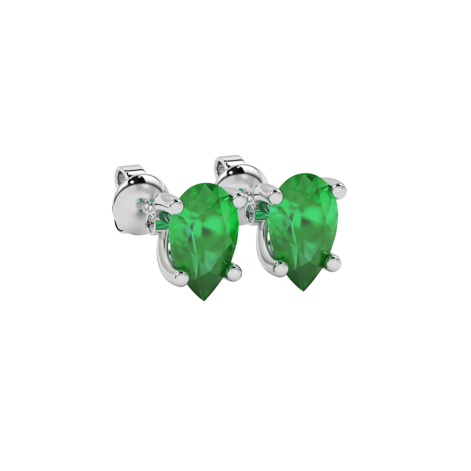 Close-up emerald green gemstone earing, white gold surprise diamond setting.