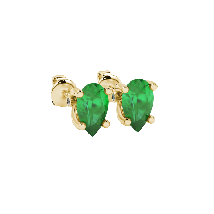 Close-up, pear shape emerald green gemstone, yellow gold surprise diamond earrings
