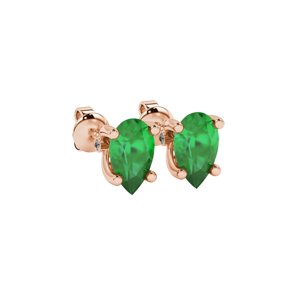 Close-up, pear shape emerald green gemstone earrings, rose gold surprise diamond setting.