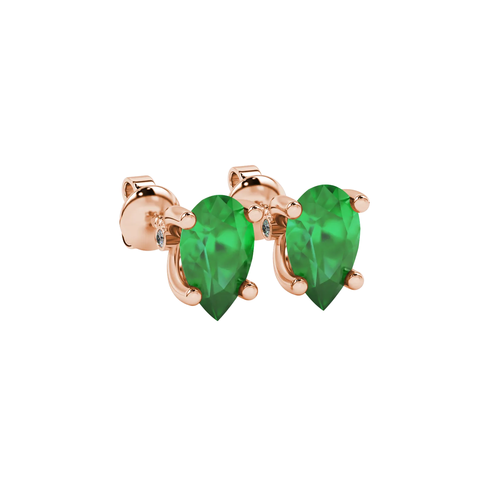 Close-up, pear shape emerald green gemstone earrings, rose gold surprise diamond setting.