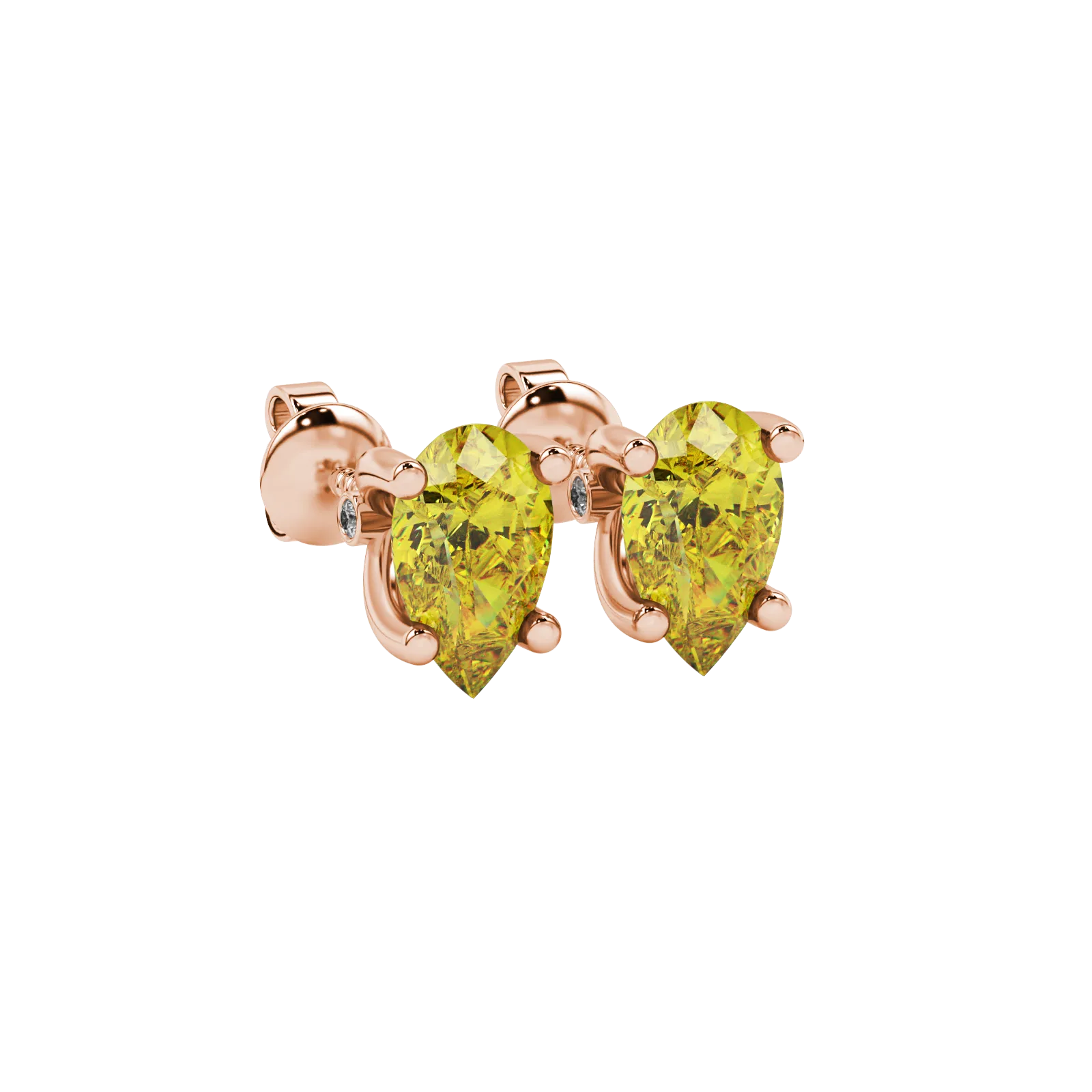 Close-up, pear shape canary yellow gemstone earrings, rose gold surprise diamond setting.