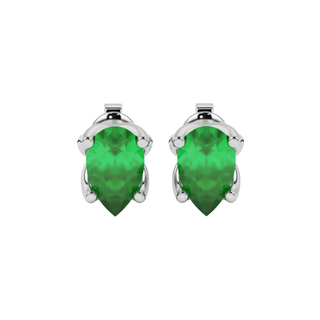 Pear shape emerald green gemstone earrings, white gold tulip basket setting.
