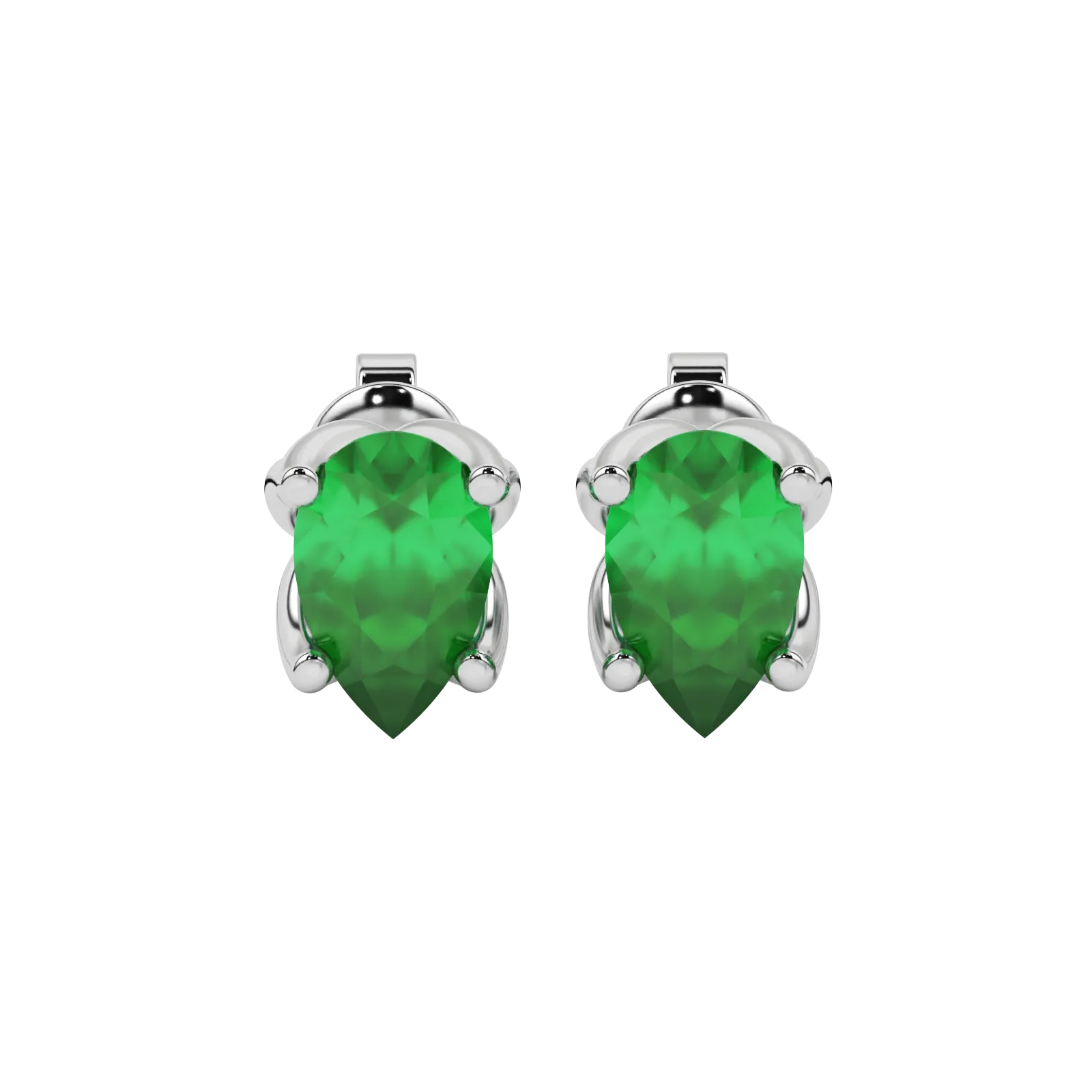 Pear shape emerald green gemstone earrings, white gold tulip basket setting.