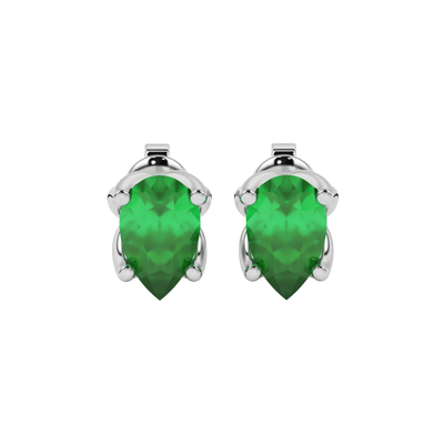 Pear shape emerald green gemstone earrings, white gold tulip basket setting.