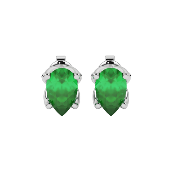 Pear shape emerald green gemstone earrings, white gold tulip basket setting.