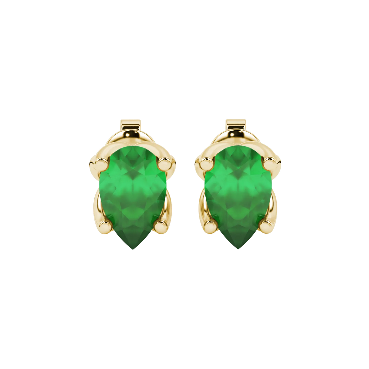 Pear shape emerald green gemstone earrings, yellow gold tulip basket setting.