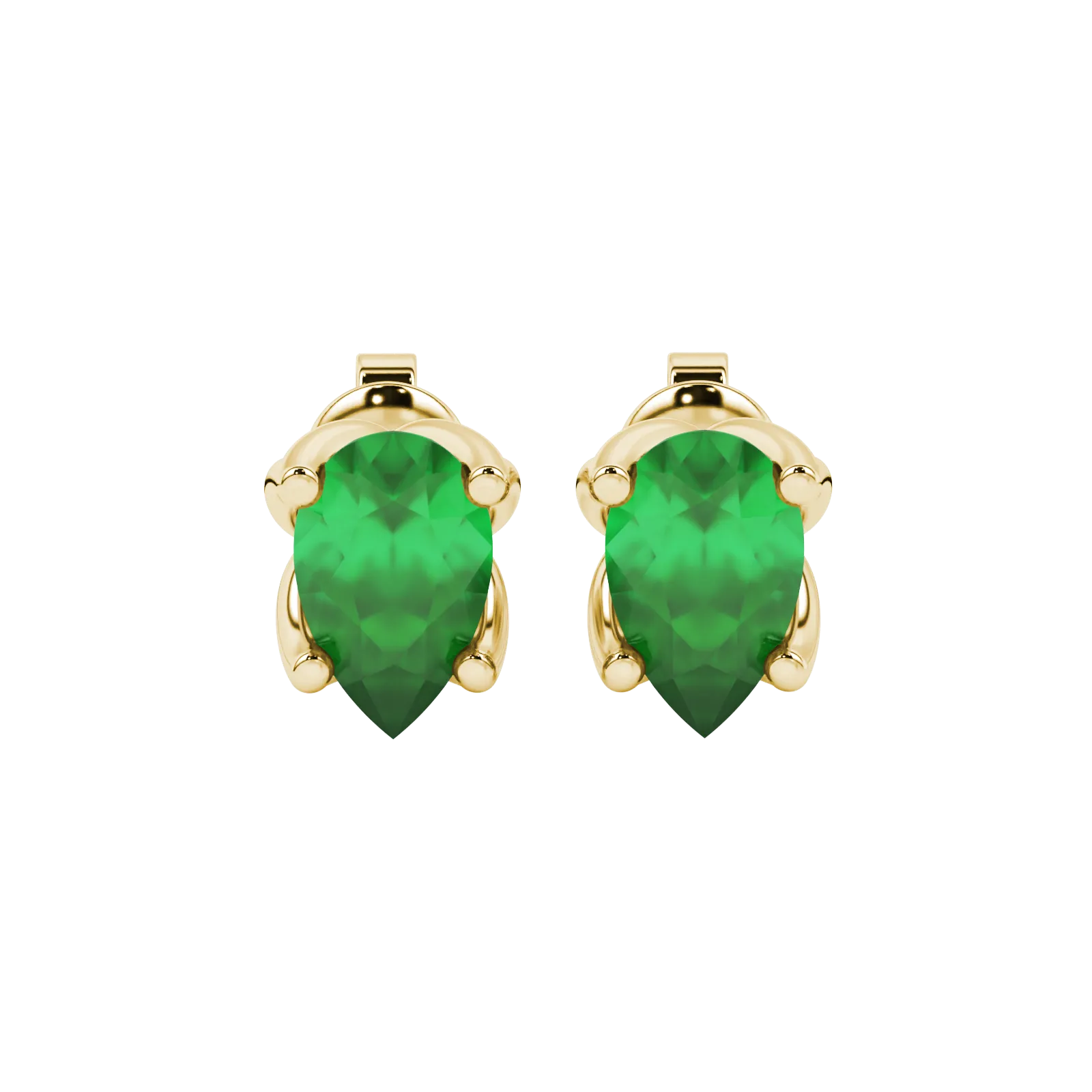 Pear shape emerald green gemstone earrings, yellow gold tulip basket setting.