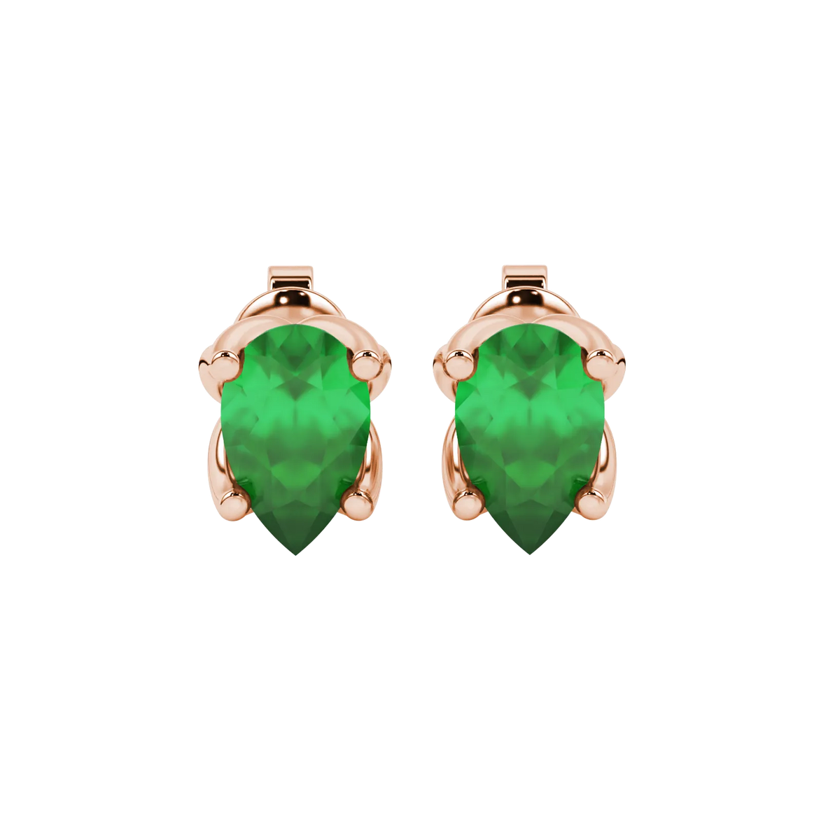 Pear shape emerald green gemstone earrings, rose gold tulip basket setting.