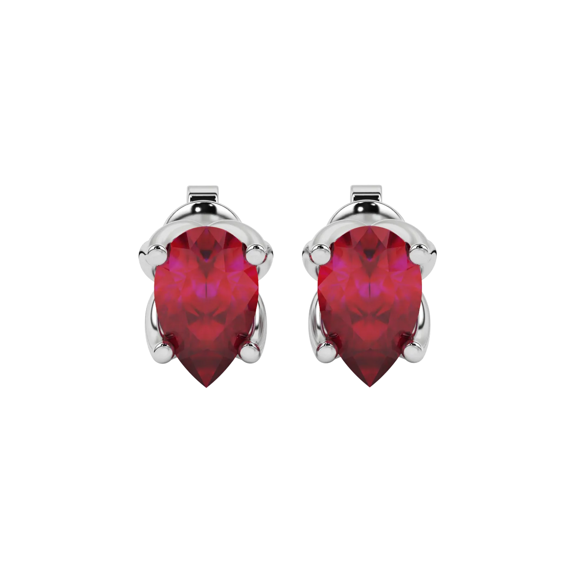 Pear shape raspberry red gemstone earrings, white gold tulip basket setting.