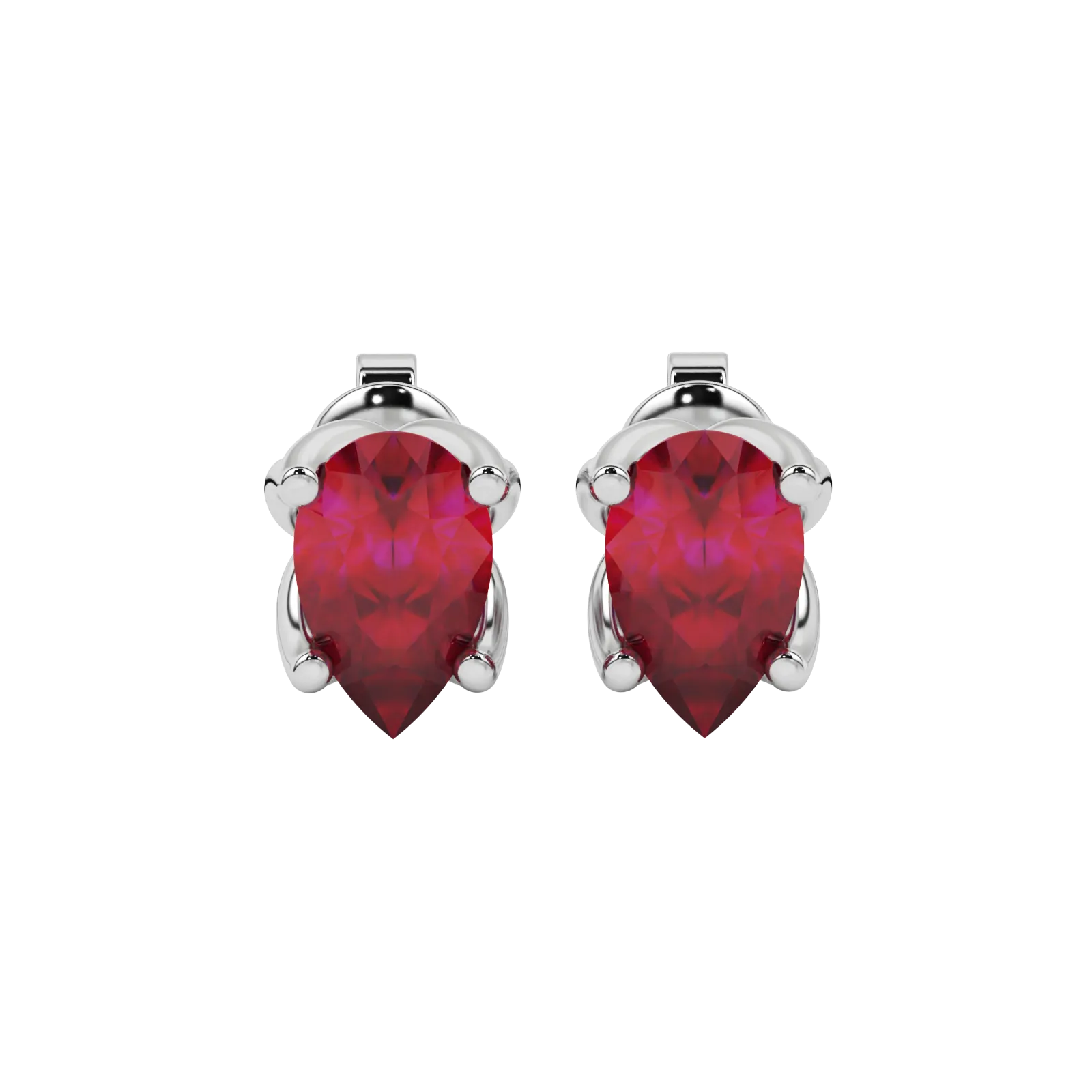 Pear shape raspberry red gemstone earrings, white gold tulip basket setting.