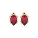 Pear shape raspberry red gemstone earrings, yellow gold tulip basket setting.