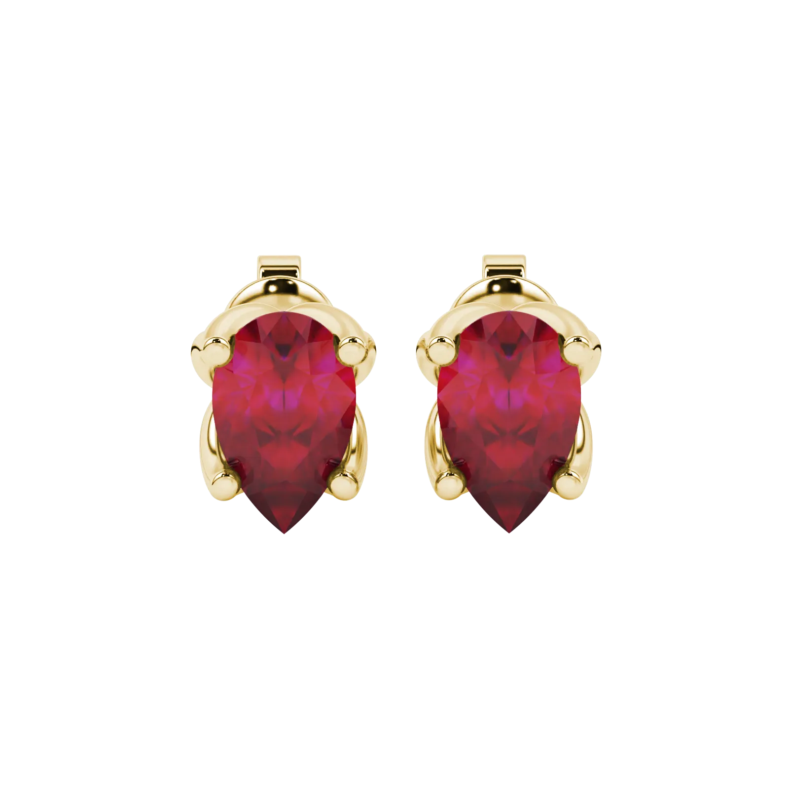 Pear shape raspberry red gemstone earrings, yellow gold tulip basket setting.