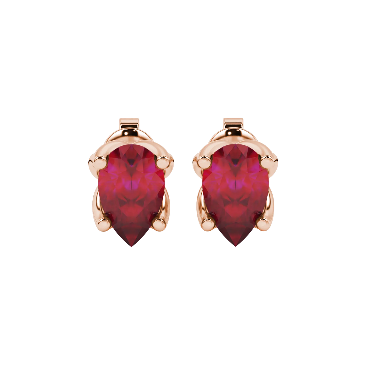 Pear shape raspberry red gemstone earrings, rose gold tulip basket setting.