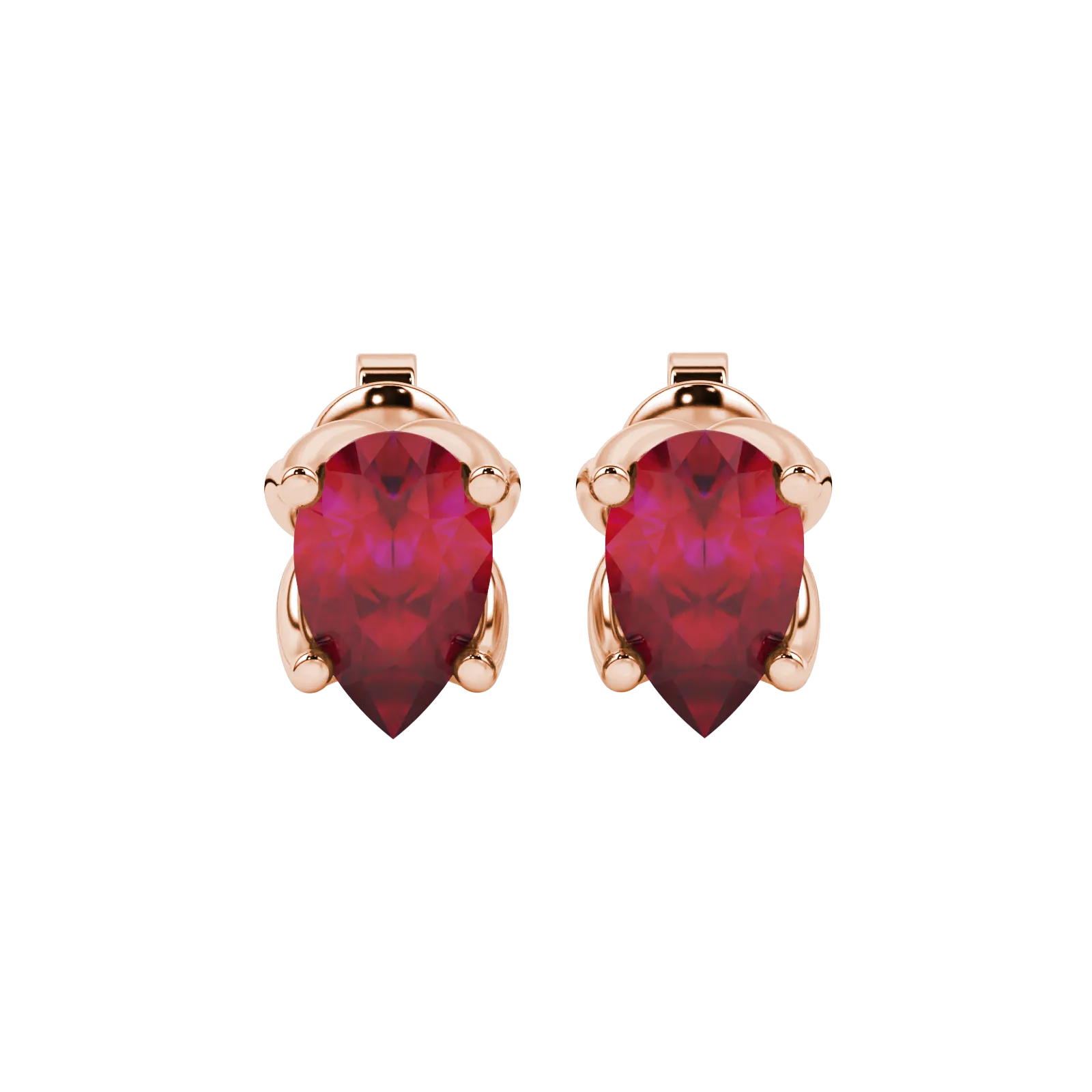 Pear shape raspberry red gemstone earrings, rose gold tulip basket setting.