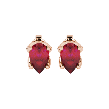 Pear shape raspberry red gemstone earrings, rose gold tulip basket setting.