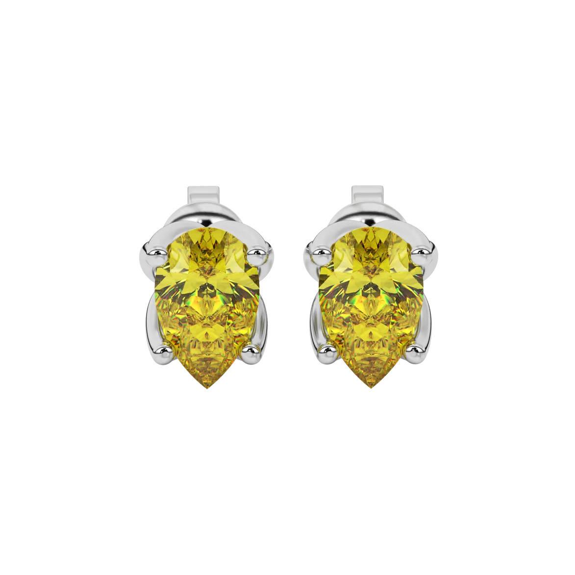 Pear shape canary yellow gemstone earrings, white gold tulip basket setting.