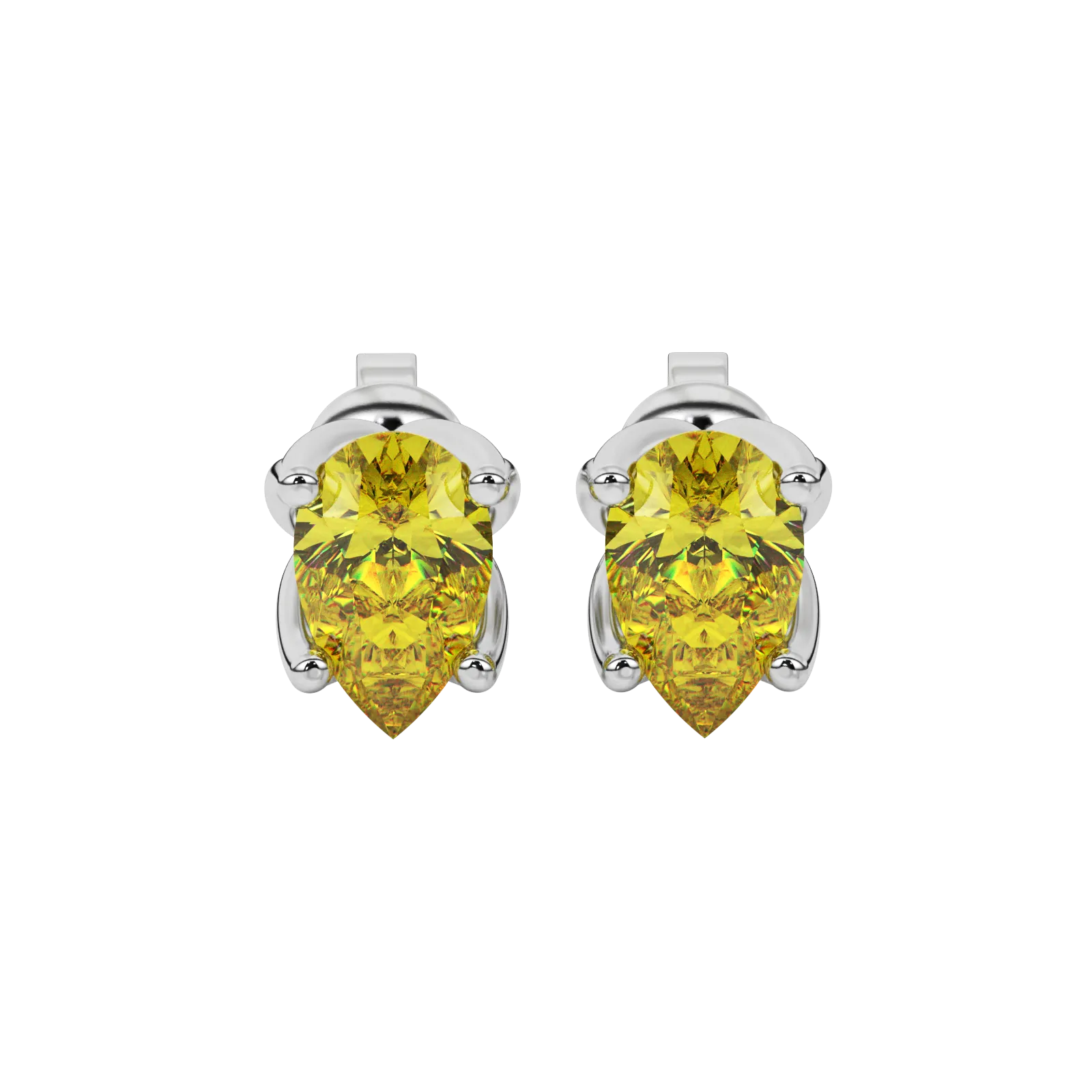 Pear shape canary yellow gemstone earrings, white gold tulip basket setting.