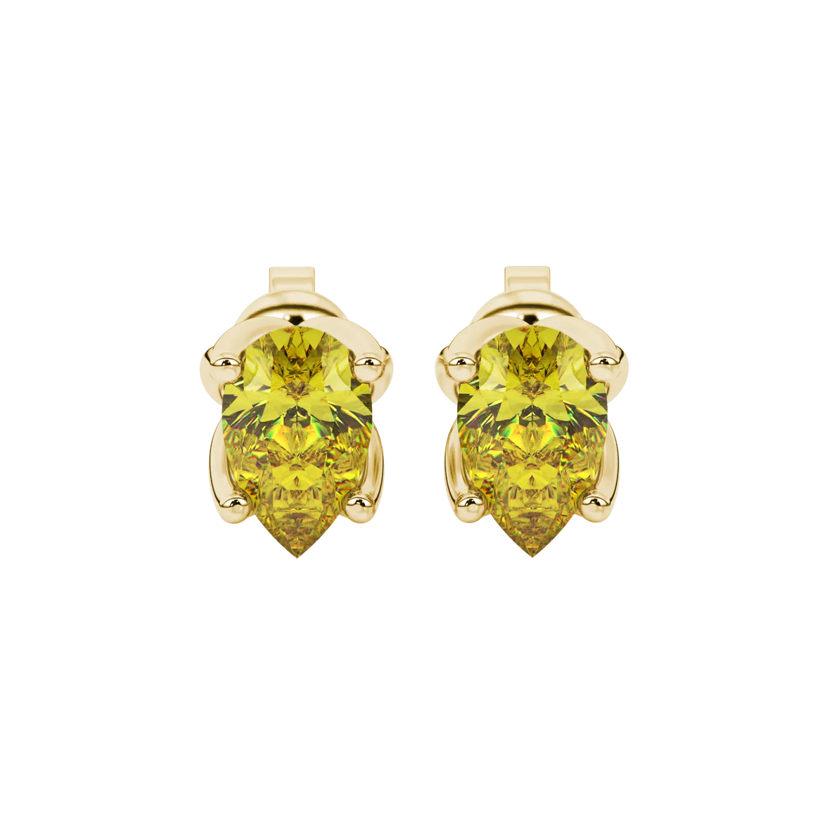 Pear shape canary yellow gemstone earrings, yellow gold tulip basket setting.