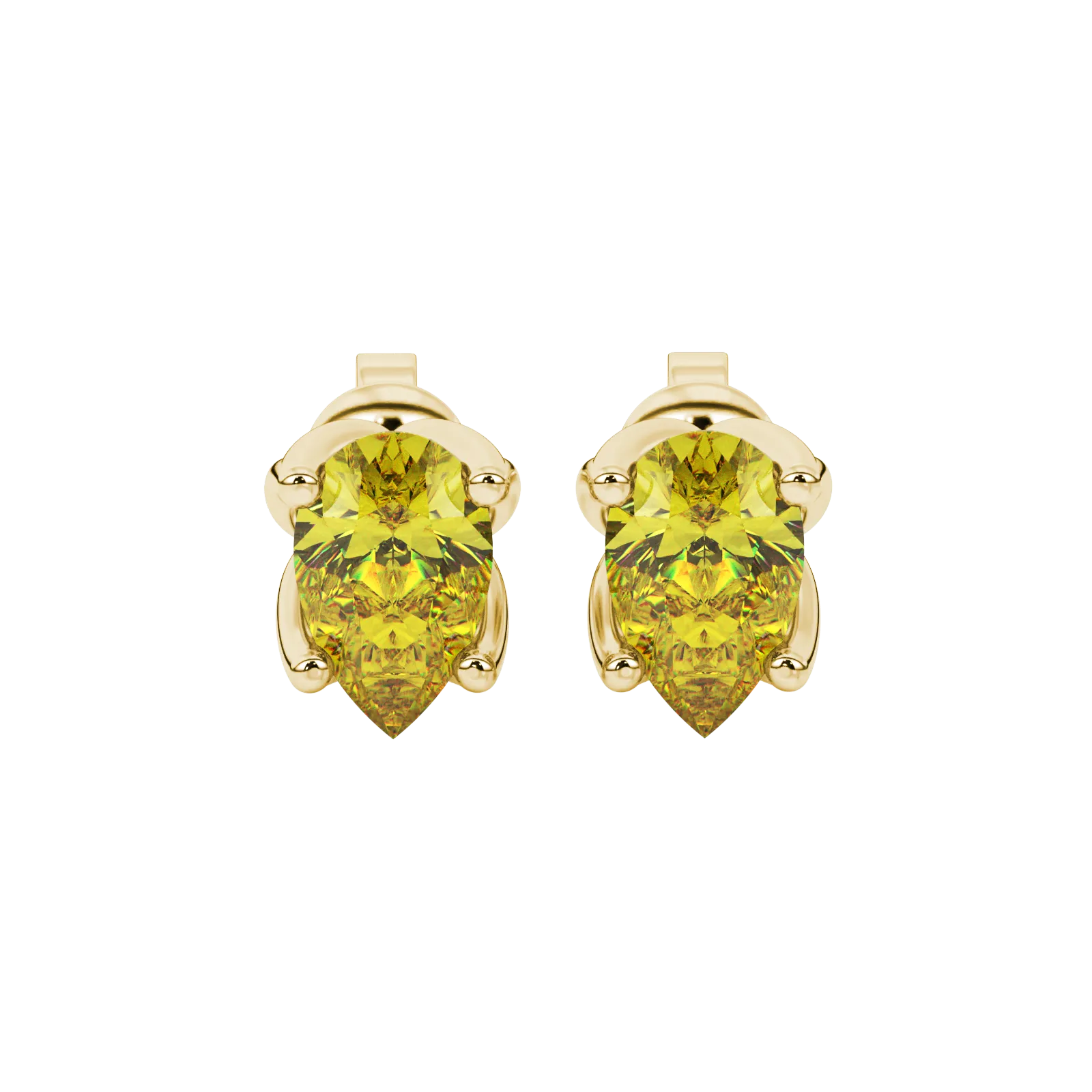 Pear shape canary yellow gemstone earrings, yellow gold tulip basket setting.