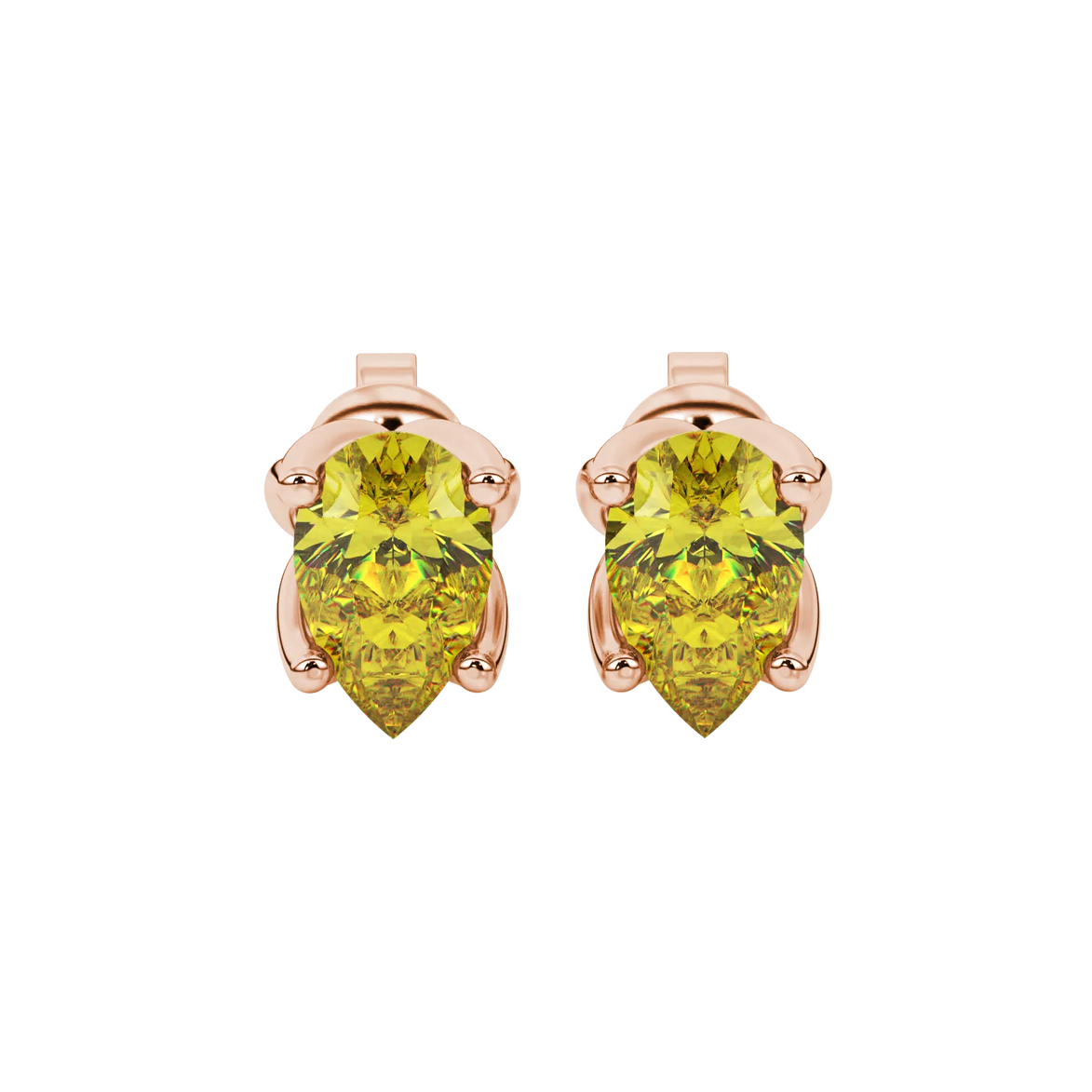 Pear shape canary yellow gemstone earrings, rose gold tulip basket setting.