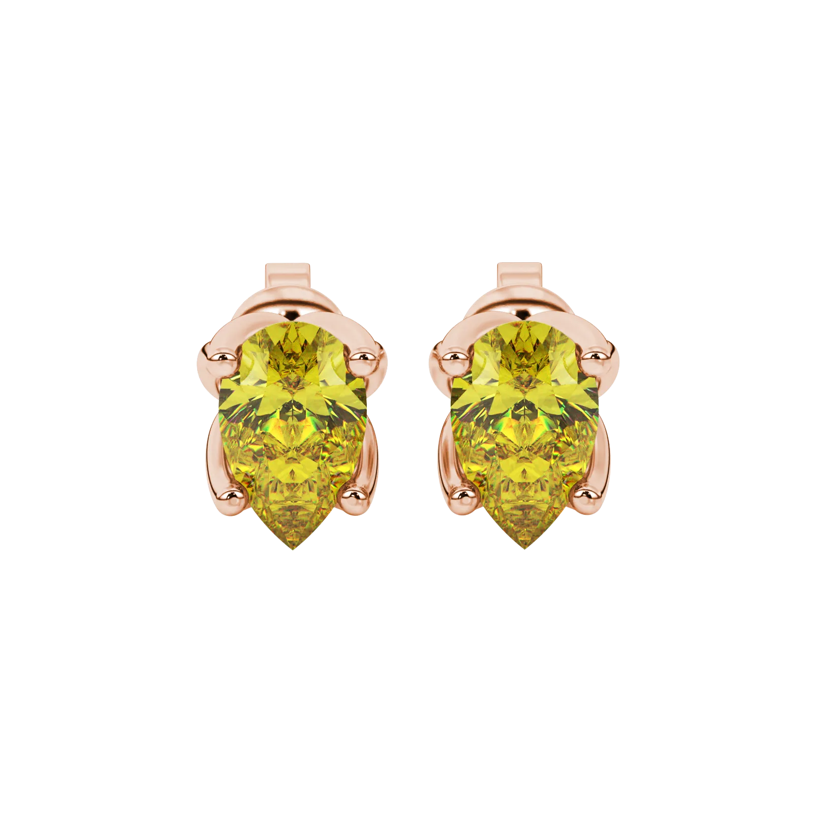 Pear shape canary yellow gemstone earrings, rose gold tulip basket setting.