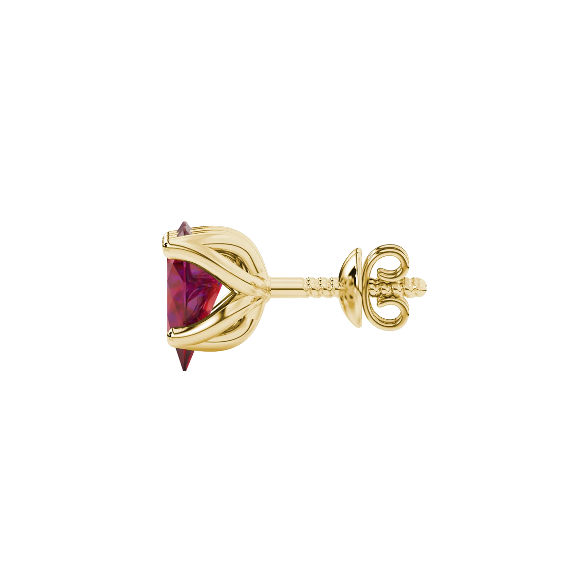 Side profile, yellow gold raspberry red earrings, tulip basket gallery.