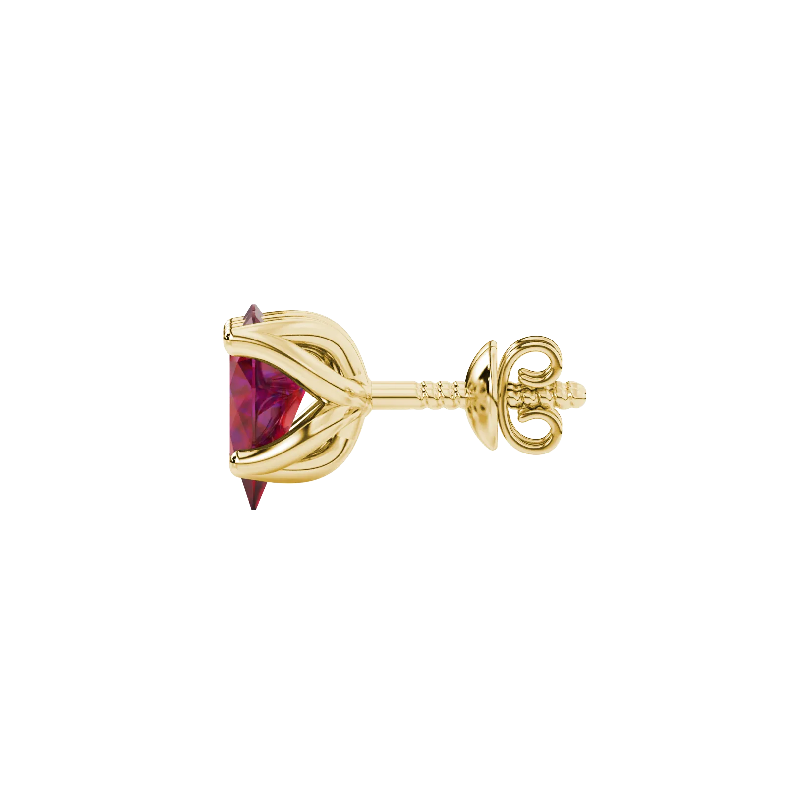 Side profile, yellow gold raspberry red earrings, tulip basket gallery.