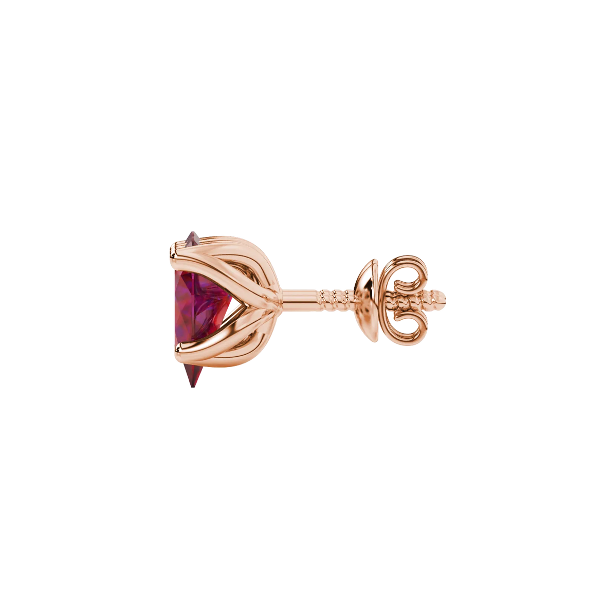 Side profile, rose gold raspberry red earrings, tulip basket gallery.