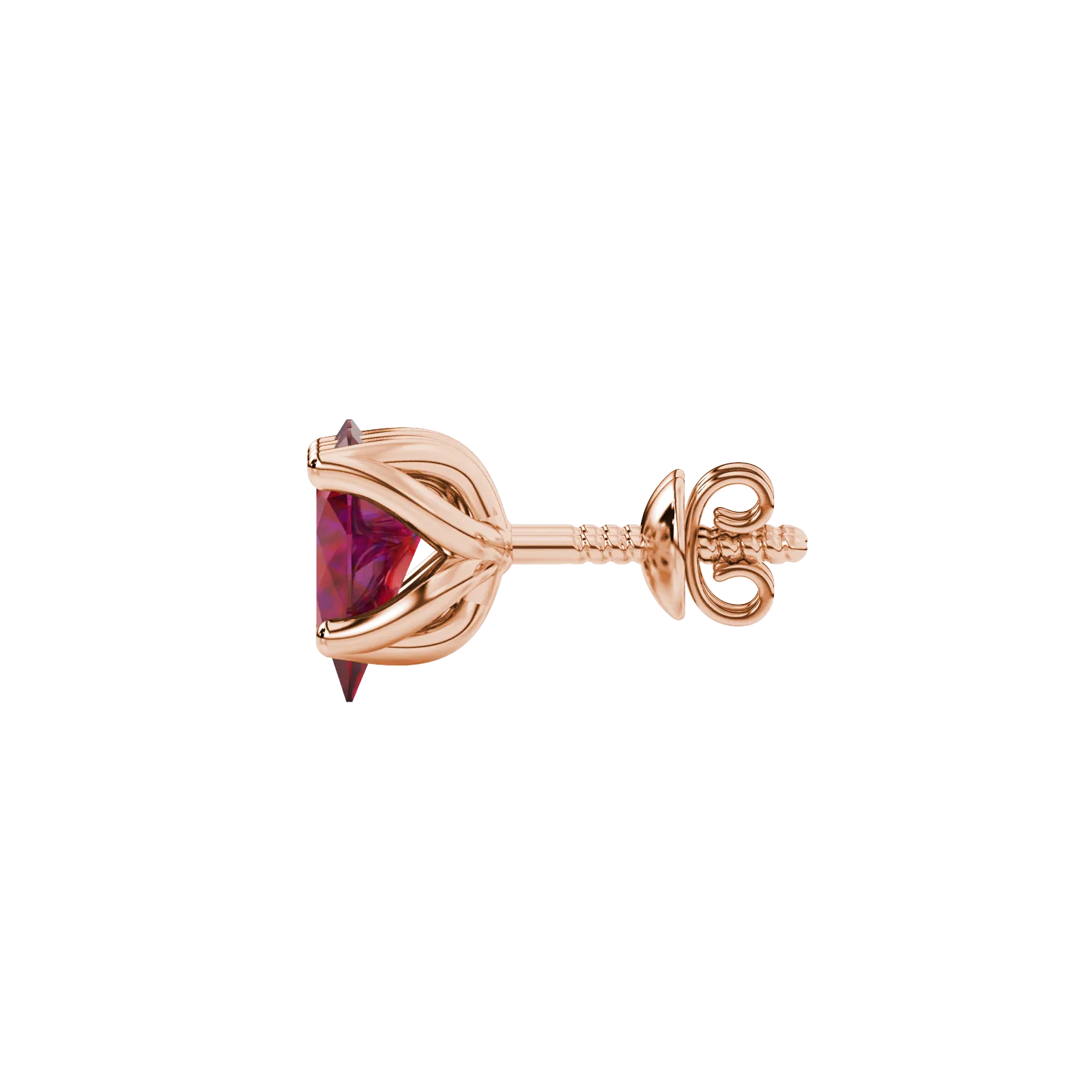 Side profile, rose gold raspberry red earrings, tulip basket gallery.