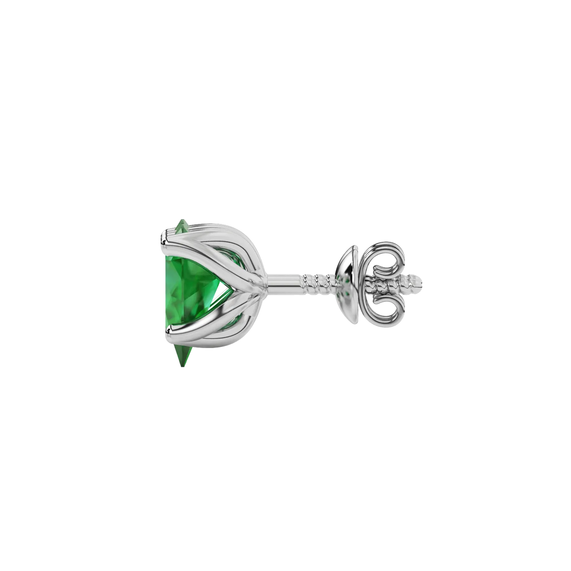 Side profile, white gold emerald green earrings, tulip basket gallery.