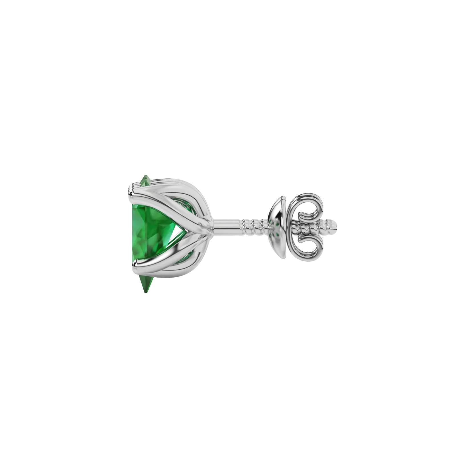 Side profile, white gold emerald green earrings, tulip basket gallery.