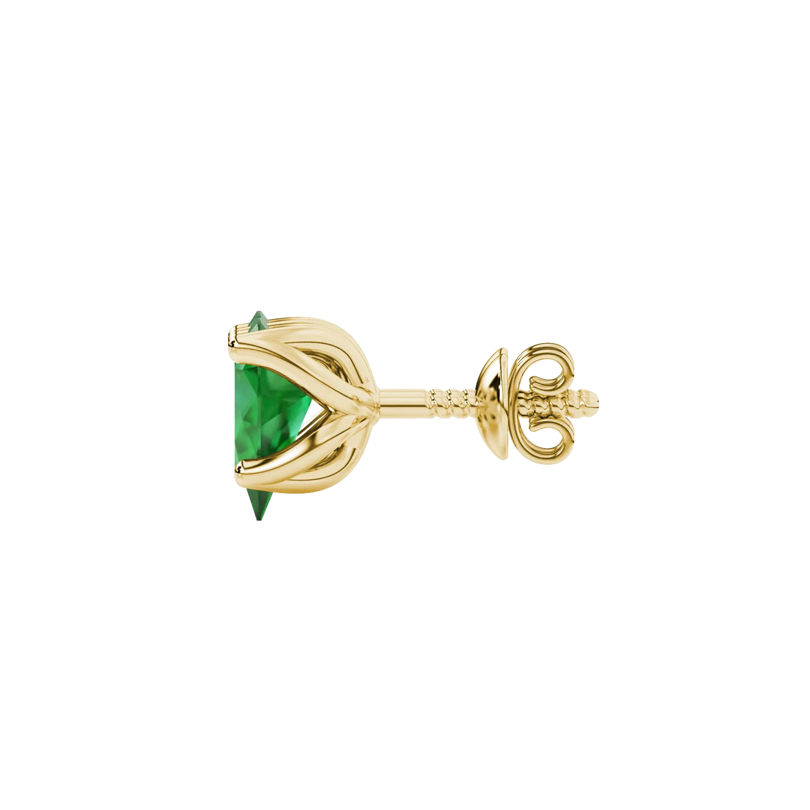 Side profile, yellow gold emerald green earrings, tulip basket gallery.
