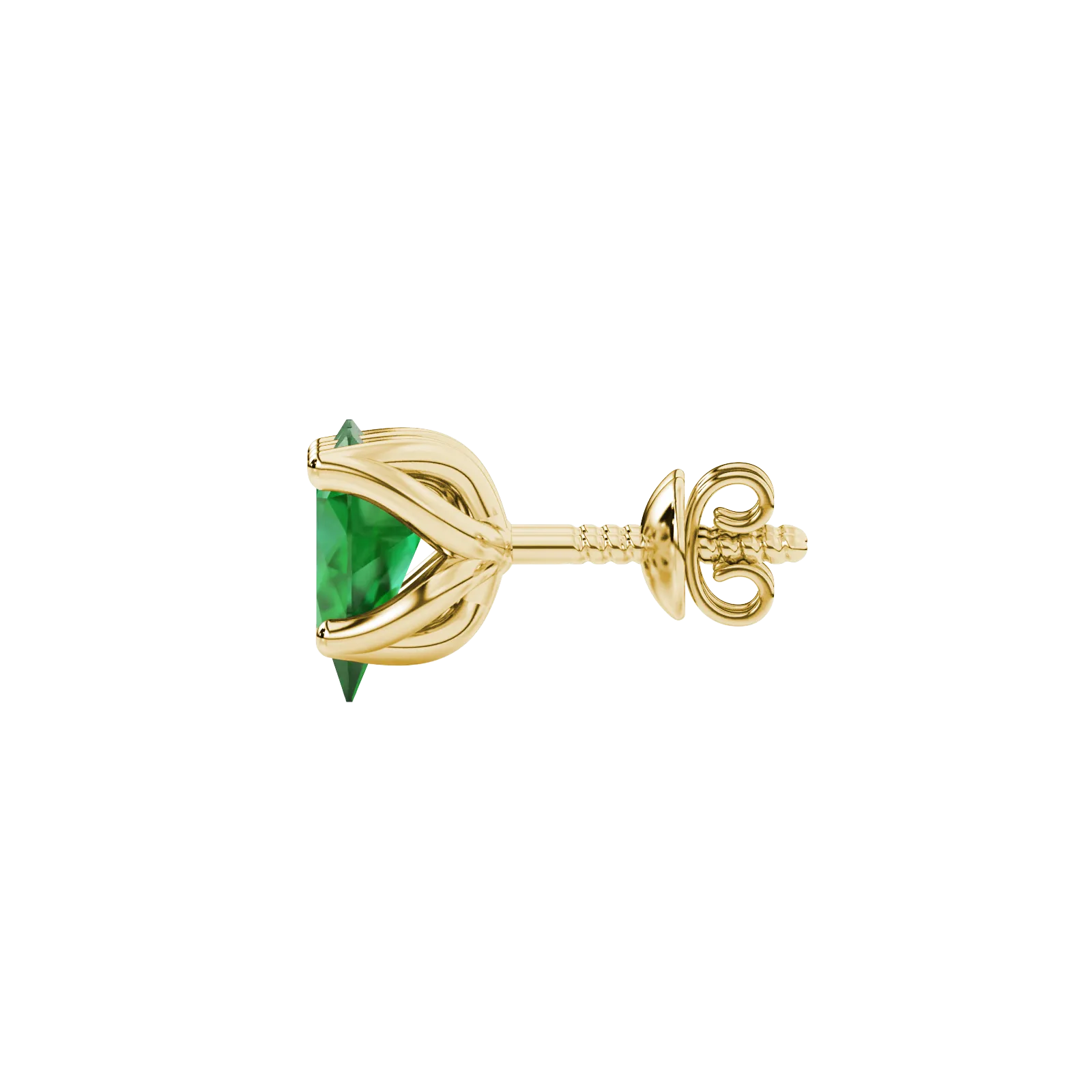Side profile, yellow gold emerald green earrings, tulip basket gallery.
