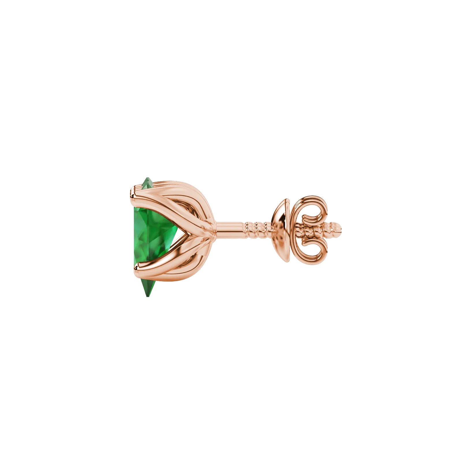 Side profile, rose gold emerald green earrings, tulip basket gallery.