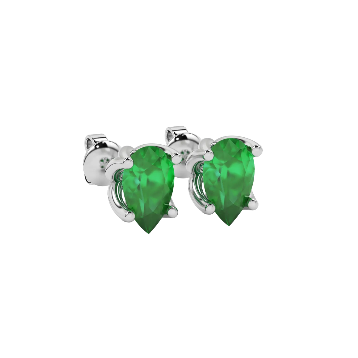Close-up emerald green gemstone earing, white gold tulip basket.