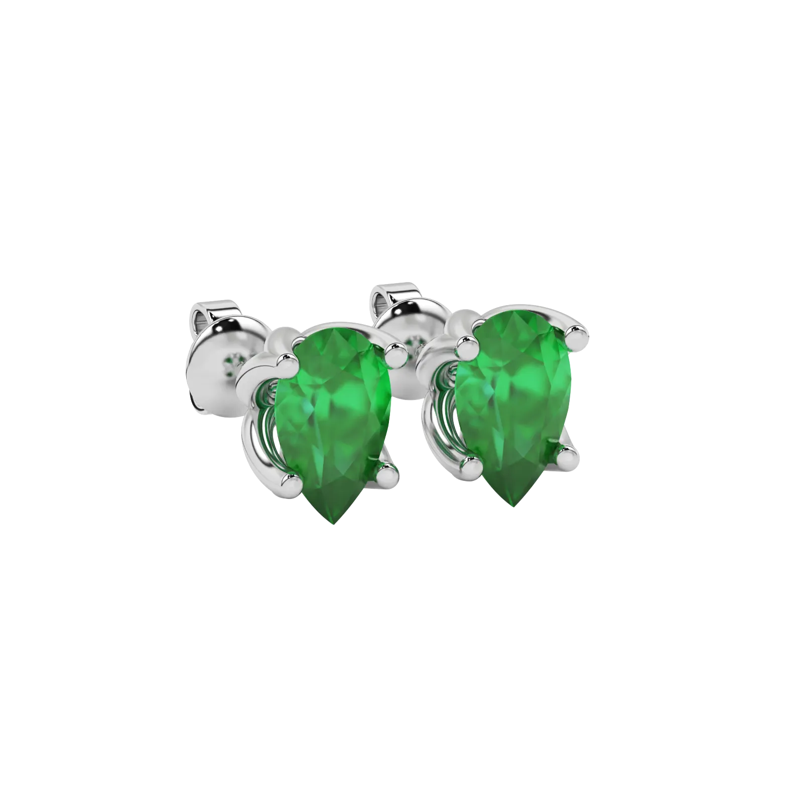 Close-up emerald green gemstone earing, white gold tulip basket.