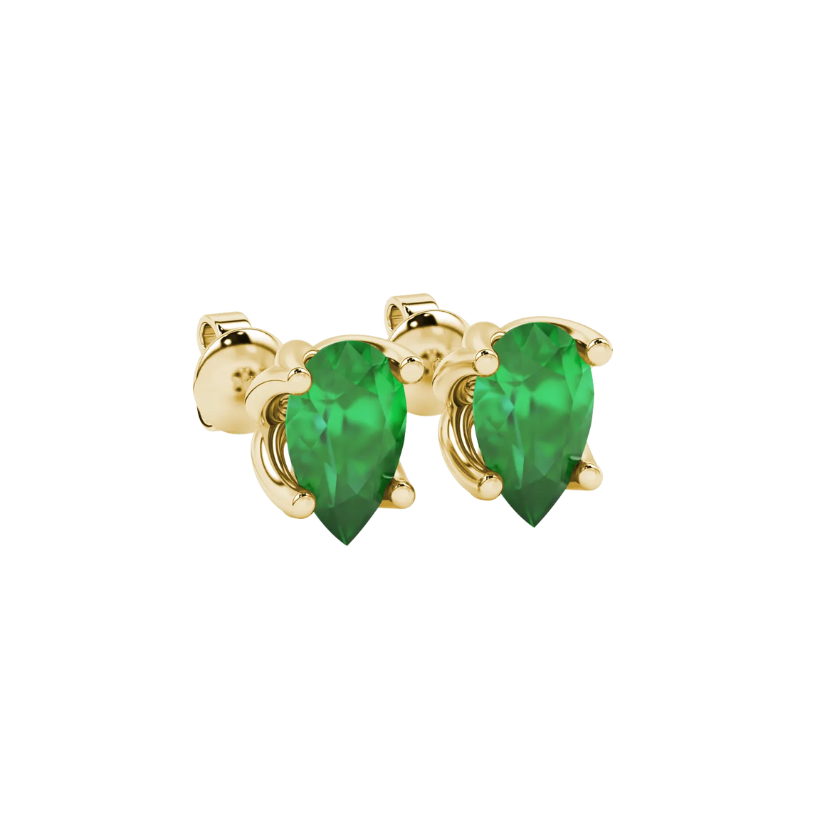Close-up, pear shape emerald green gemstone, yellow gold tulip basket earrings.