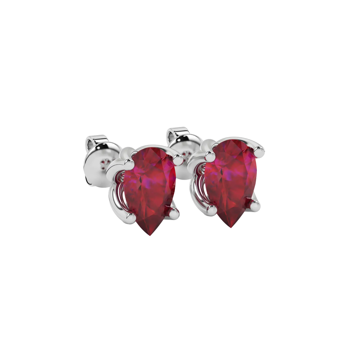 Close-up raspberry red gemstone earing, white gold tulip basket.