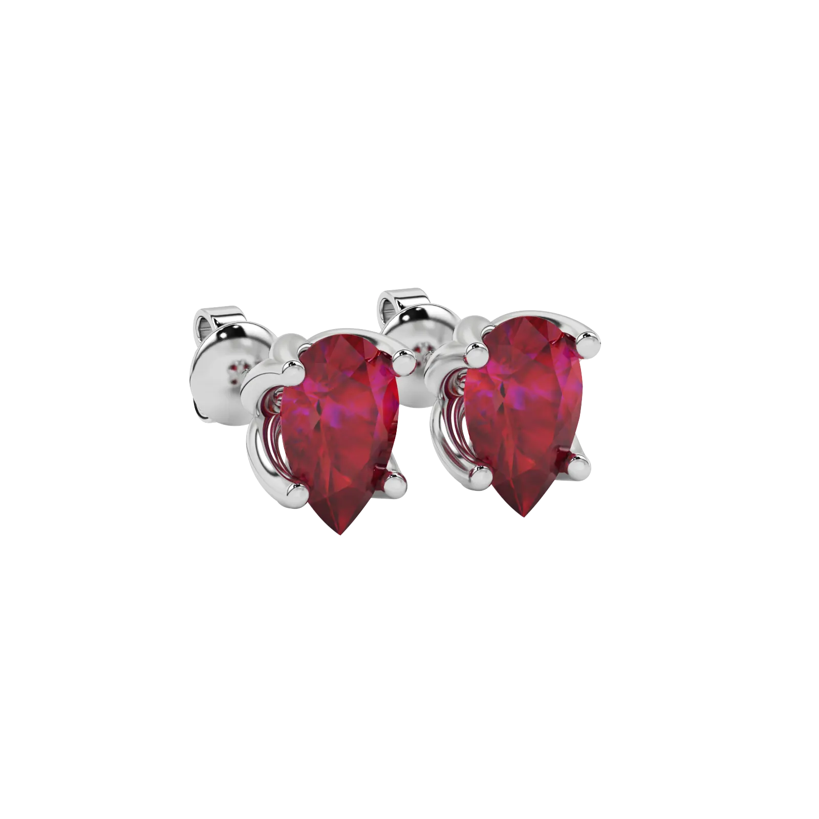 Close-up raspberry red gemstone earing, white gold tulip basket.
