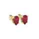 Close-up, pear shape raspberry red gemstone, yellow gold tulip basket earrings.