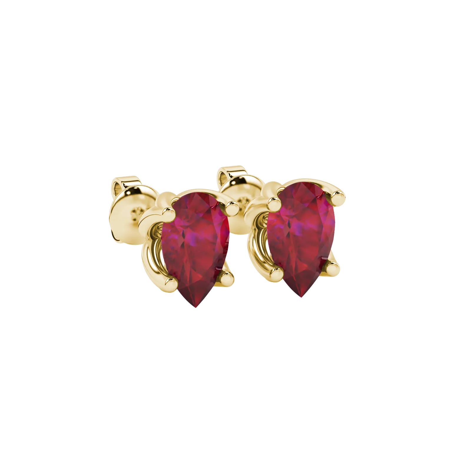 Close-up, pear shape raspberry red gemstone, yellow gold tulip basket earrings.