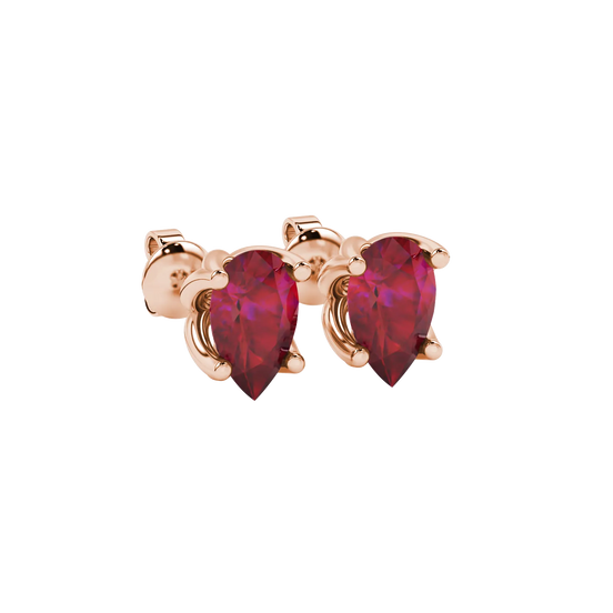 Close-up, pear shape raspberry red gemstone earrings, rose gold tulip basket.