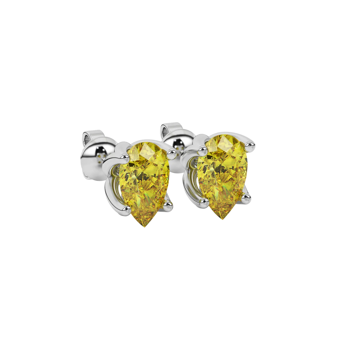 Close-up canary yellow gemstone earing, white gold tulip basket.