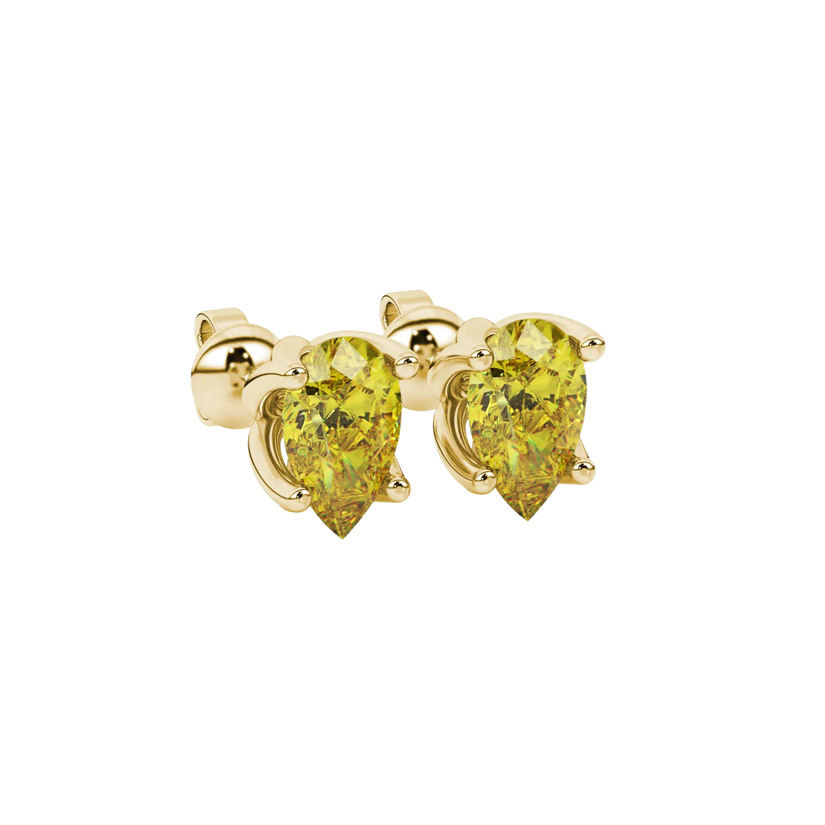 Close-up, pear shape canary yellow gemstone, yellow gold tulip basket earrings.