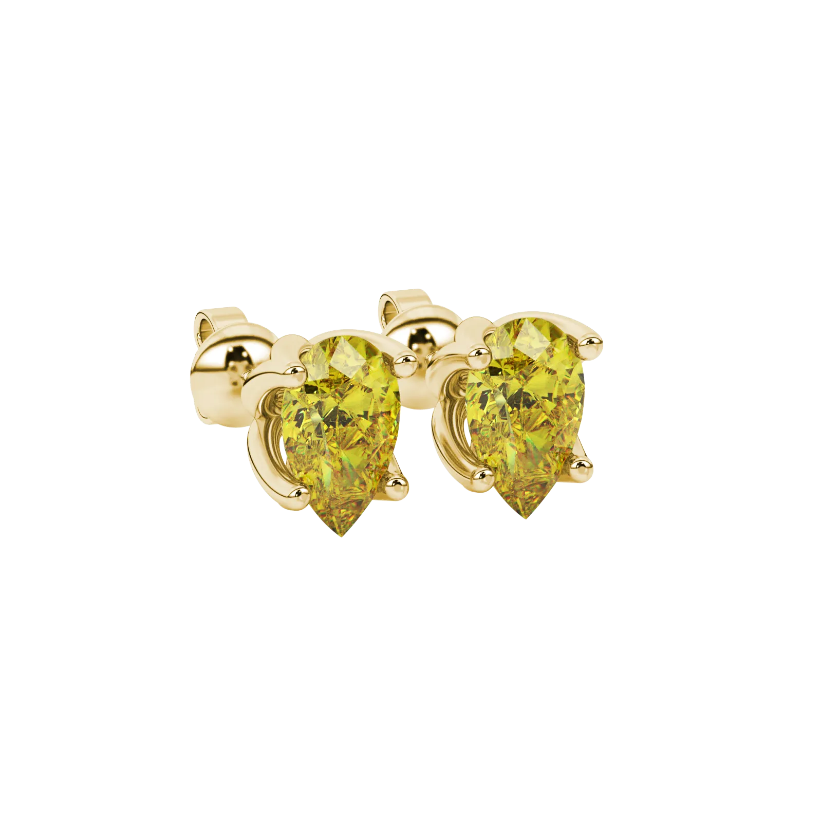 Close-up, pear shape canary yellow gemstone, yellow gold tulip basket earrings.