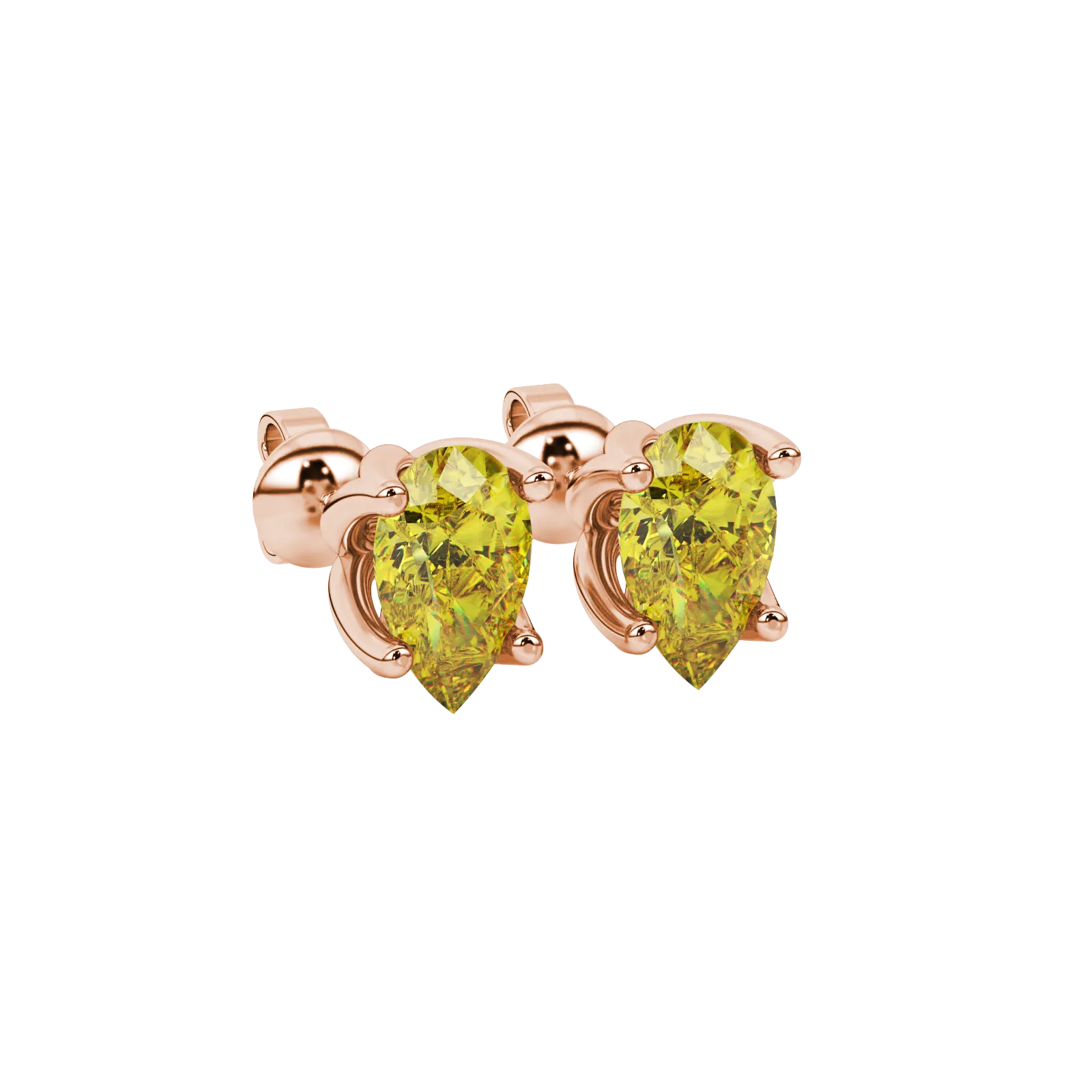 Close-up, pear shape canary yellow gemstone earrings, rose gold tulip basket.