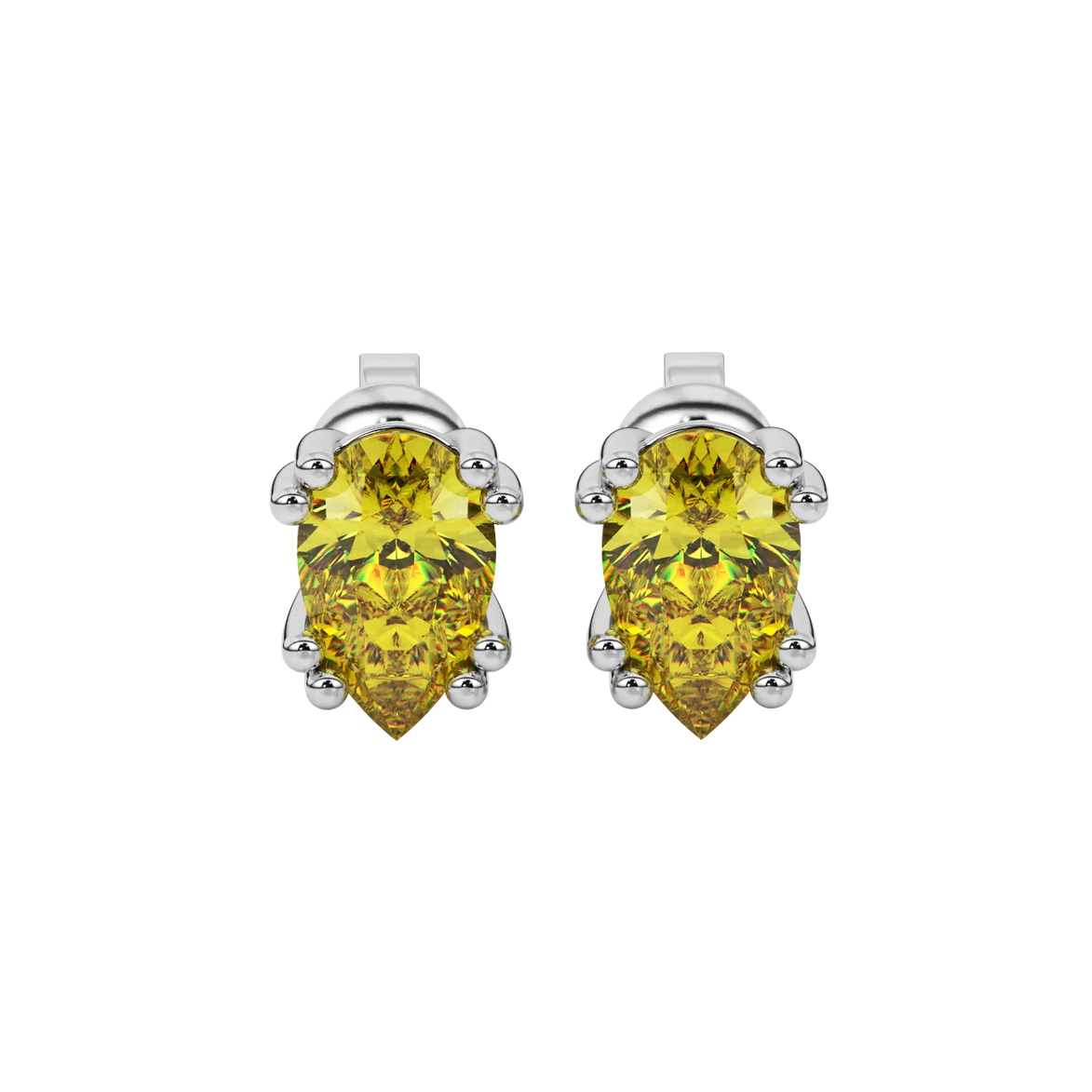 Close-up canary yellow gemstone earing, white gold vintage basket.