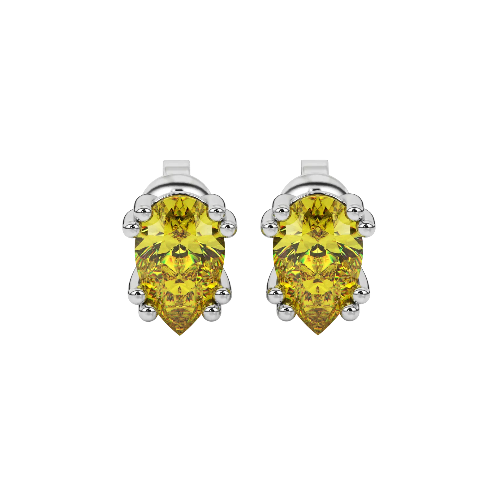 Close-up canary yellow gemstone earing, white gold vintage basket.