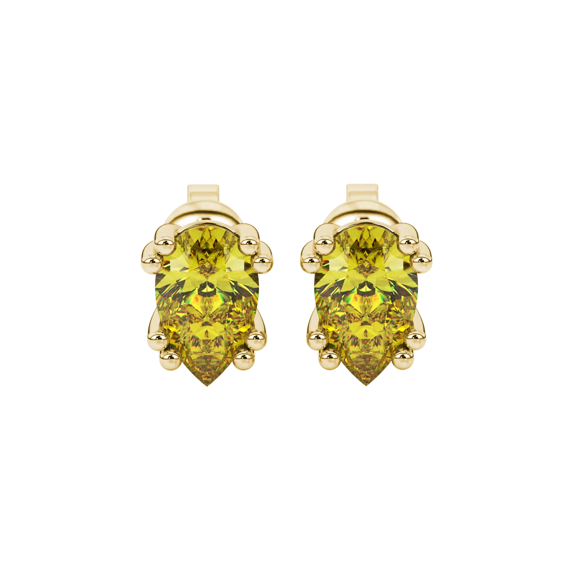 Pear shape canary yellow gemstone earrings, yellow gold vintage basket setting.